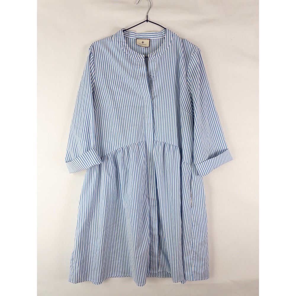 Tuckernuck Striped Tiered Smock Dress Womens L Blue White 3/4 Sleeve Coastal Pre